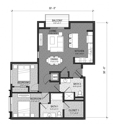 Floor plan for 2 beds, 2 baths, 1023 sqft